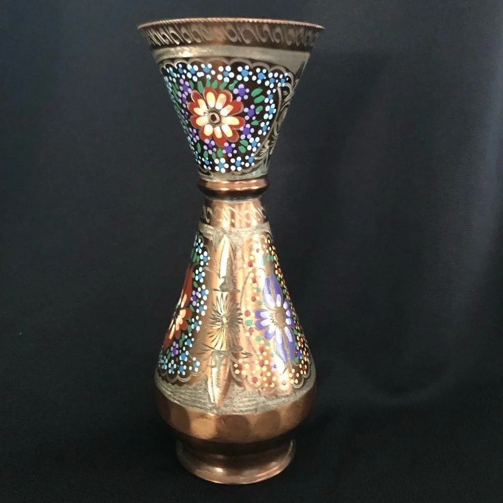 Vintage Hand Painted & Etched Copper Vase with Floral Designs